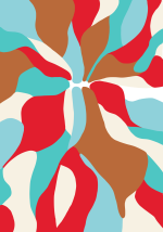 Tapis tufté abstrait aux formes organiques colorées dans des tons bleu, rouge, blanc et marron – Collection Julie Gosse.