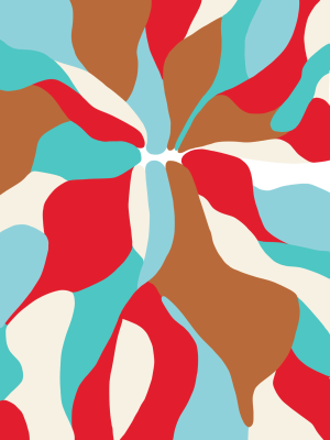 Tapis tufté abstrait aux formes organiques colorées dans des tons bleu, rouge, blanc et marron – Collection Julie Gosse.