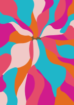 Tapis tufté abstrait aux formes organiques colorées dans des tons rose, bleu, orange – Collection Julie Gosse.
