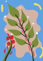 Tapis tufté végétal avec feuilles vertes et fleurs rouges sur fond bleu – Collection Julie Gosse.