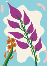 Tapis tufté végétal avec feuilles violette et fleurs oranges sur fond bleu – Collection Julie Gosse.