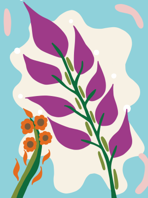 Tapis tufté floral artisanal avec fleurs orange et feuillages violet sur fond clair – Collection Julie Gosse.