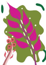 Tapis tufté végétal avec feuilles fuchsia et fleurs rose sur fond blanc – Collection Julie Gosse.