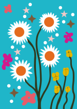 Tapis tufté décoratif représentant des fleurs rétro colorées dans un style bohème – Collection Julie Gosse.